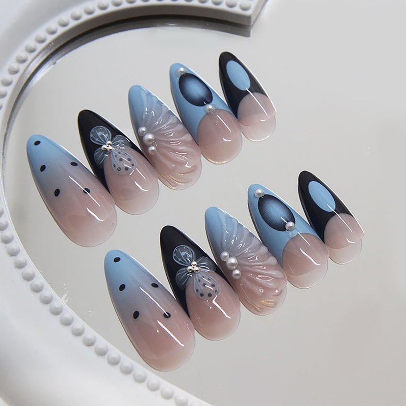 ASABITE 24 Pcs Almond Press on Nails Long Stiletto Fake Nails Fall Summer False Nails with 3D Shell Pearl Design Glossy Glue on Nails French Tip Artificial Nails Full Cover Stick on False Nails for Women - Image 3
